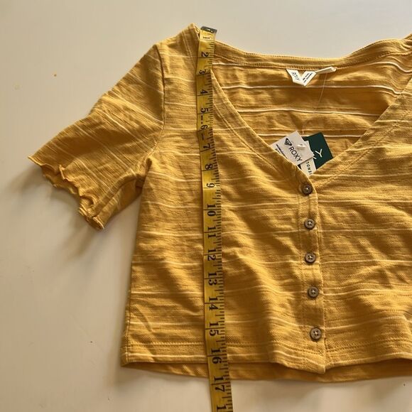 Roxy Uncomplicated Mind Button Front Stripe Tee Ochre Beachy Yarn, Small, NWT - Picture 9 of 9